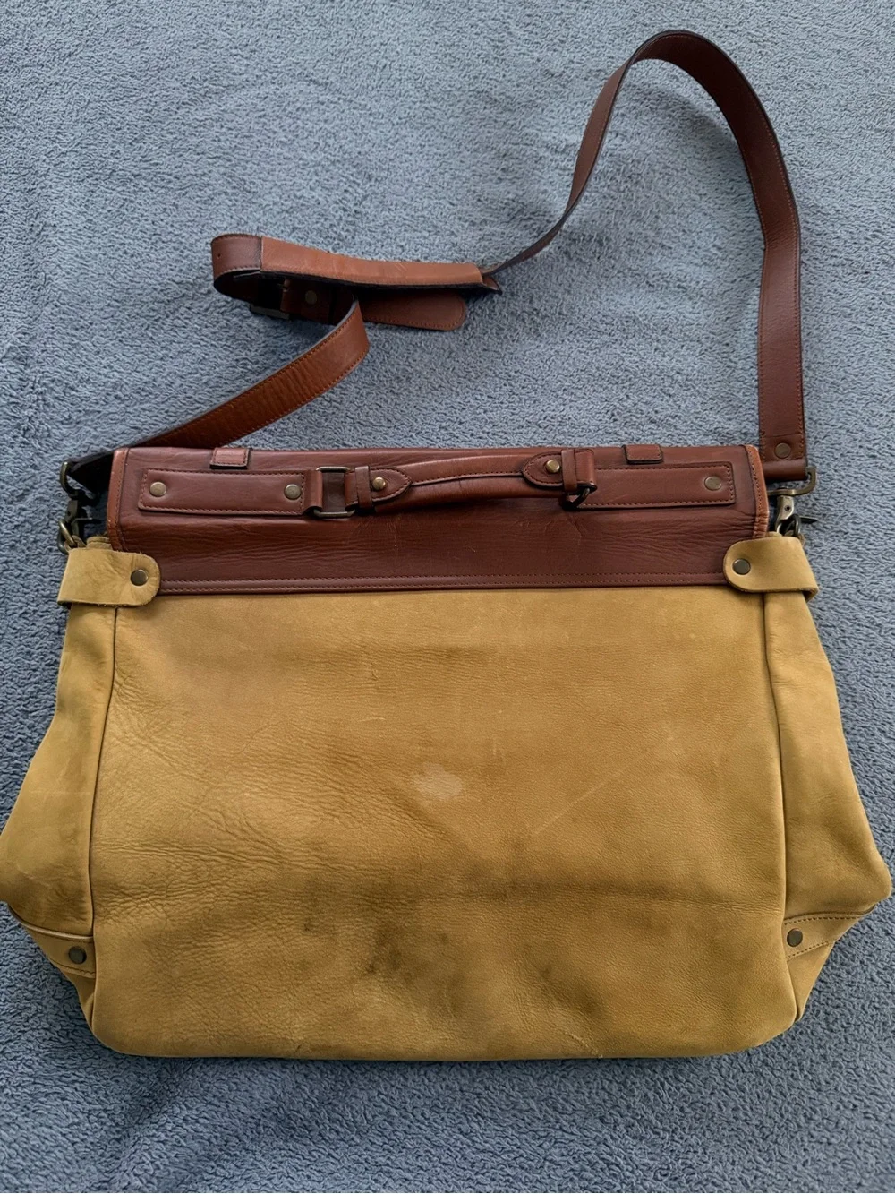 Genuine Leather and Suede Two-Tone Messenger Laptop Bag - Brown/Tan